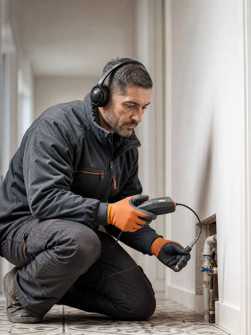 Técnico localizando una fuga de agua con detector de gas trazador